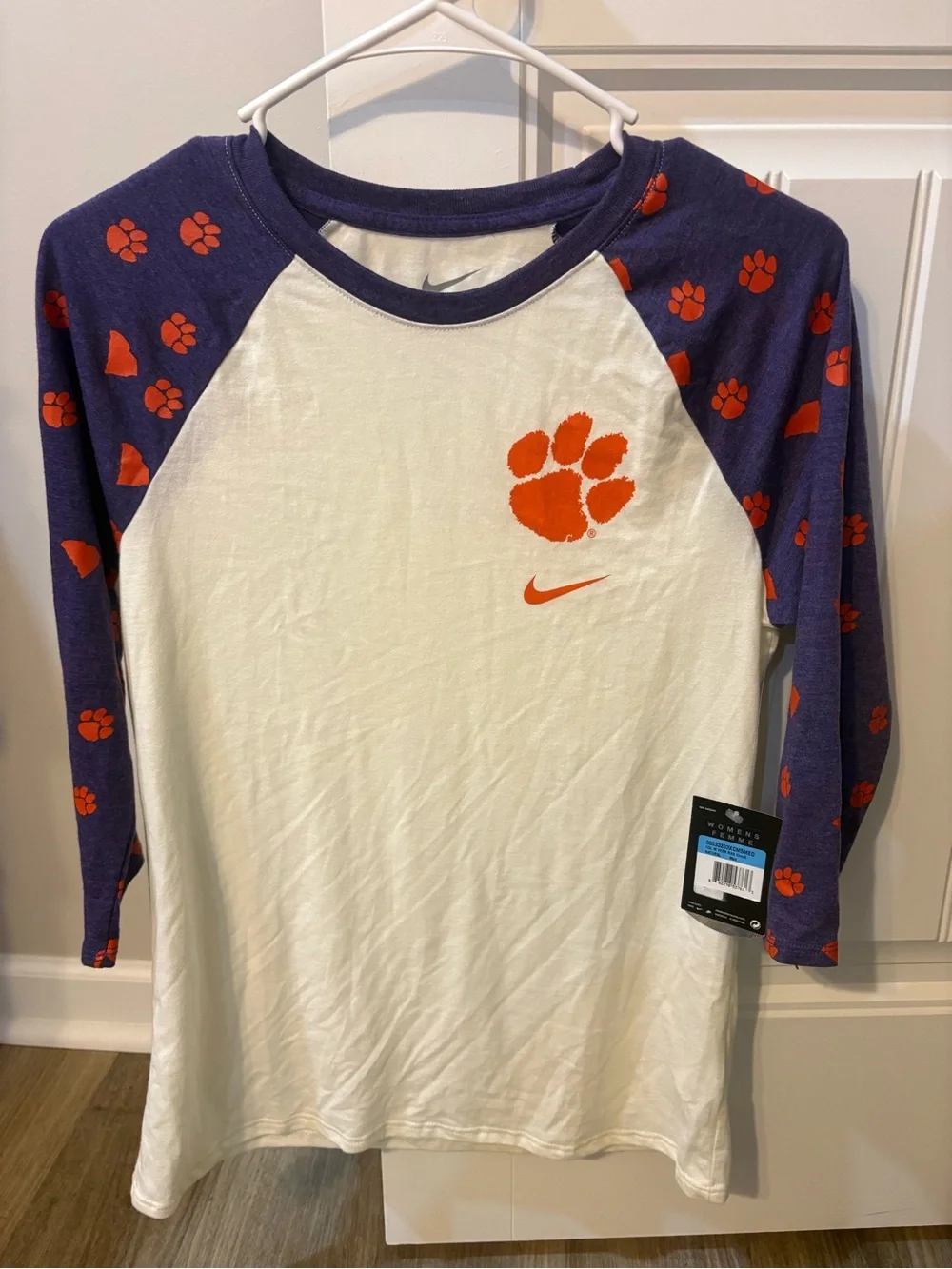 Clemson Nike Women's White Tee with Purple Raglan Sleeves and Orange Paw Prints